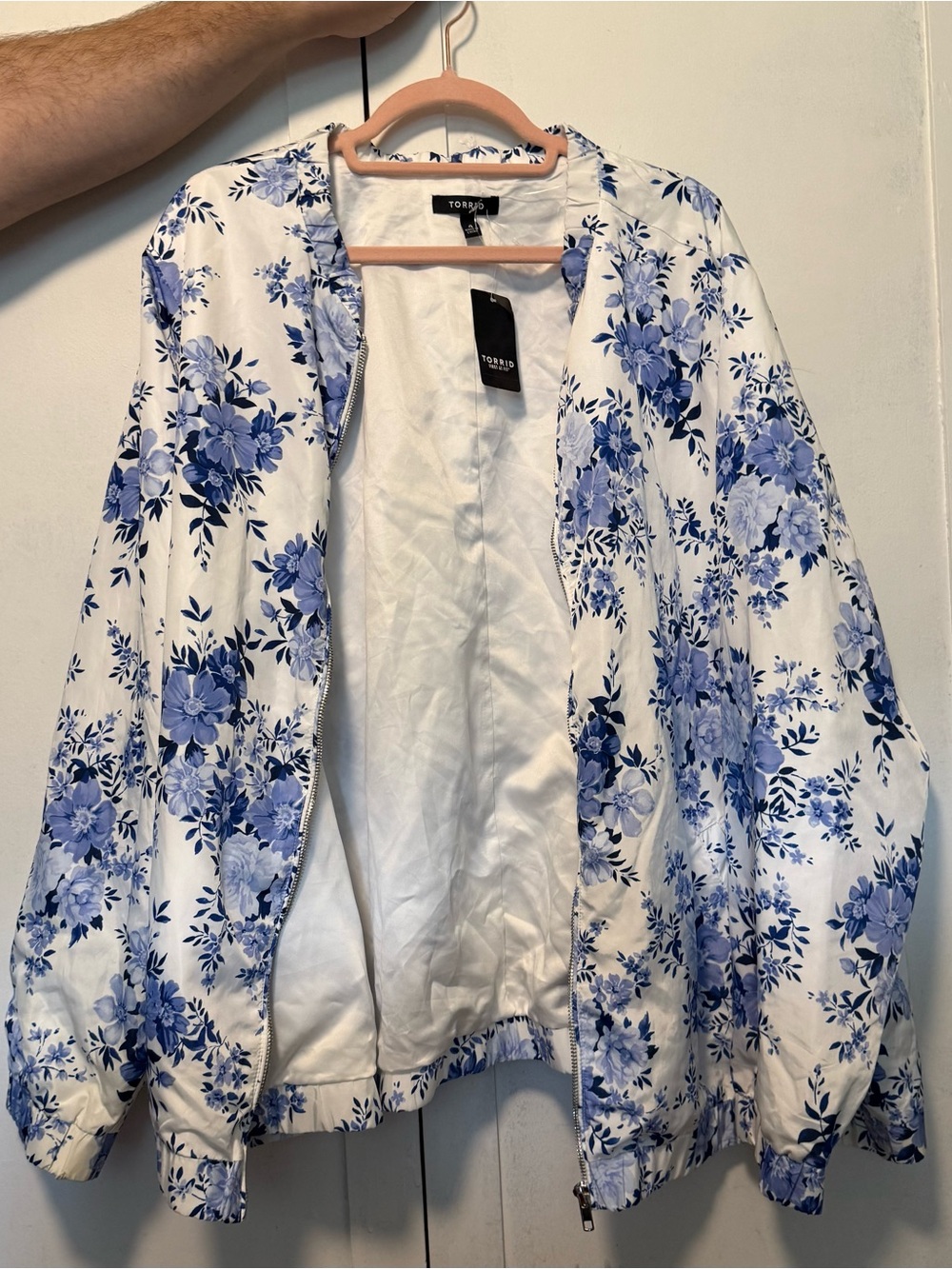 torrid White Bomber Jacket with Blue Floral Print